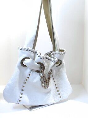 E.D.E. Studios White Leather Hobo with Brass Chains, Grommets, Shoulder Bag